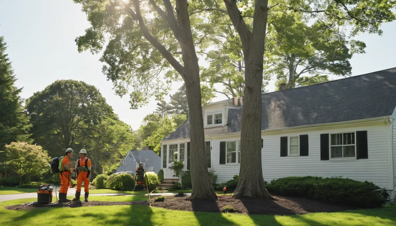 A homeowner talking with a tree provider beside a large tree in a Downingtown yard
